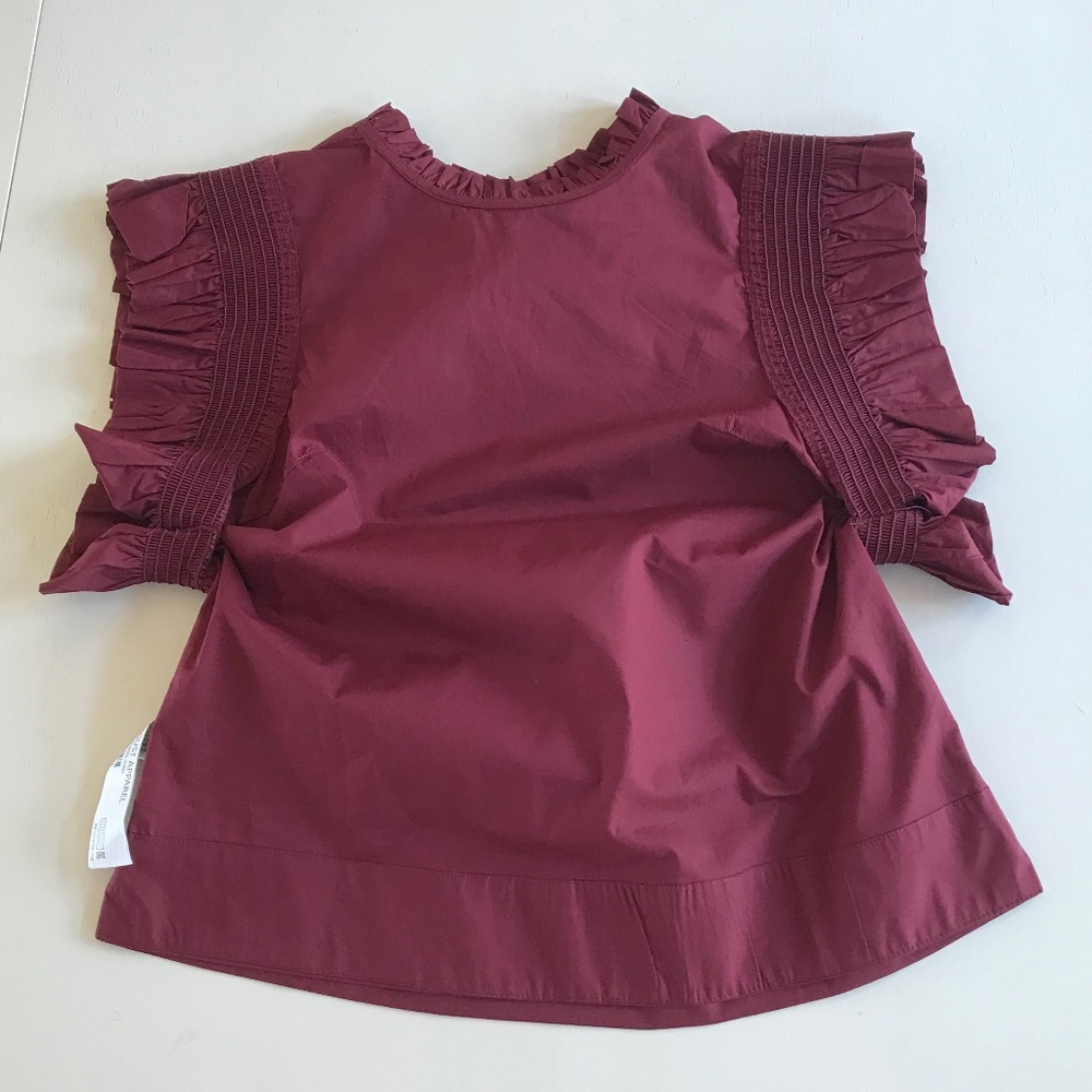 ENGLISH FACTORY BURGUNDY RUFFLE SLEEVE POPLIN TOP - Picture 9 of 12